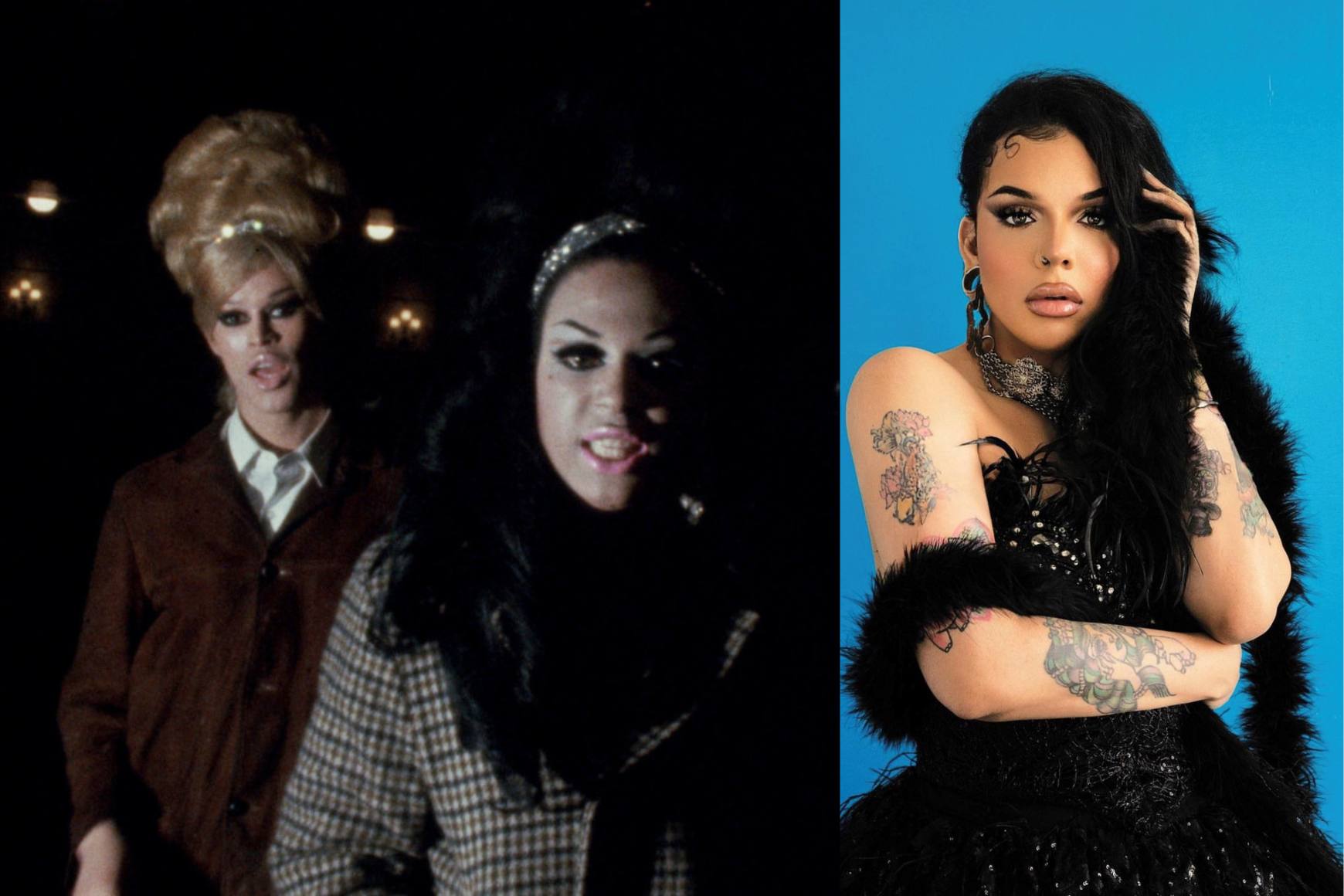 Crystal LaBeija and a fellow drag performer yell at the camera in a still from thge queen. On the right, a headshot of the drag performer Aja who gazes seductively at the camera. 